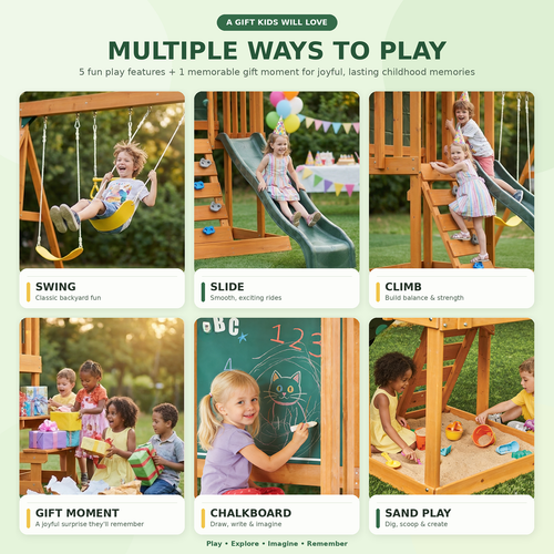 Collage showing multiple ways to play on a wooden backyard playset including swing, slide, climb, chalkboard, sandbox, and gift moment