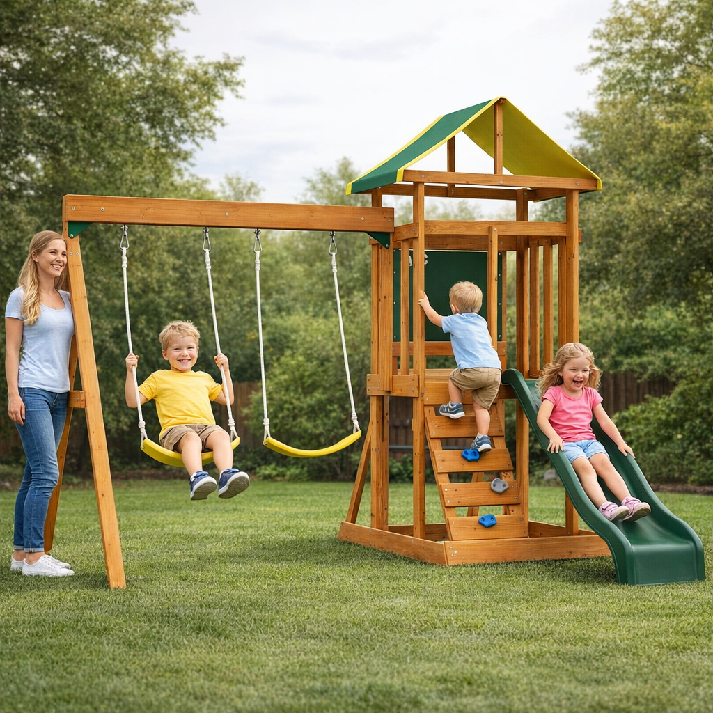 Kids playing on a wooden swing set for backyard with slide, climbing area, and chalkboard while an adult stands nearby