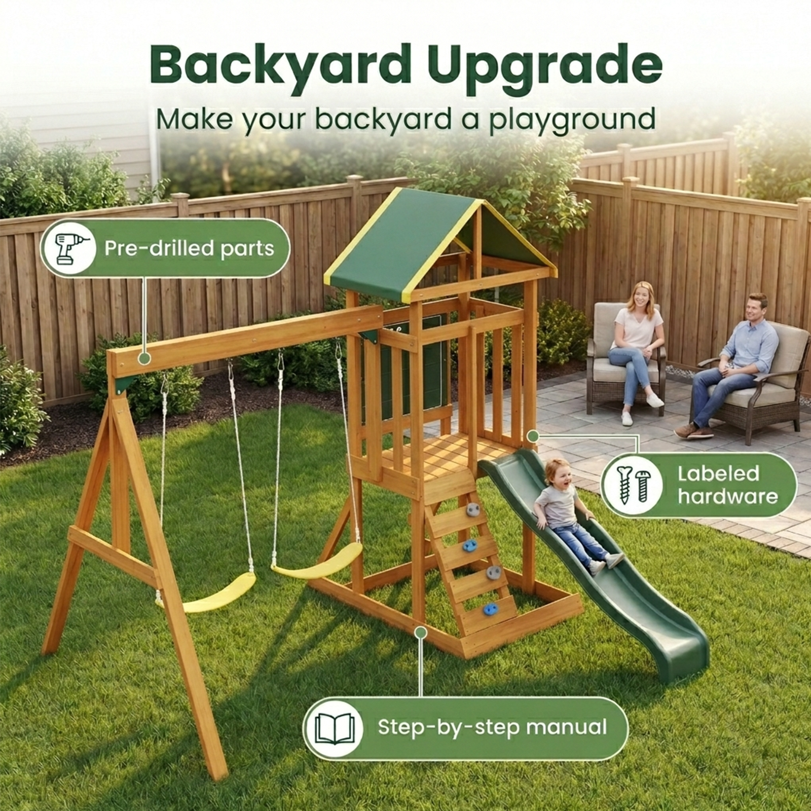 Wooden swing set for backyard in a family yard with callouts for pre-drilled parts, labeled hardware, and step-by-step manual