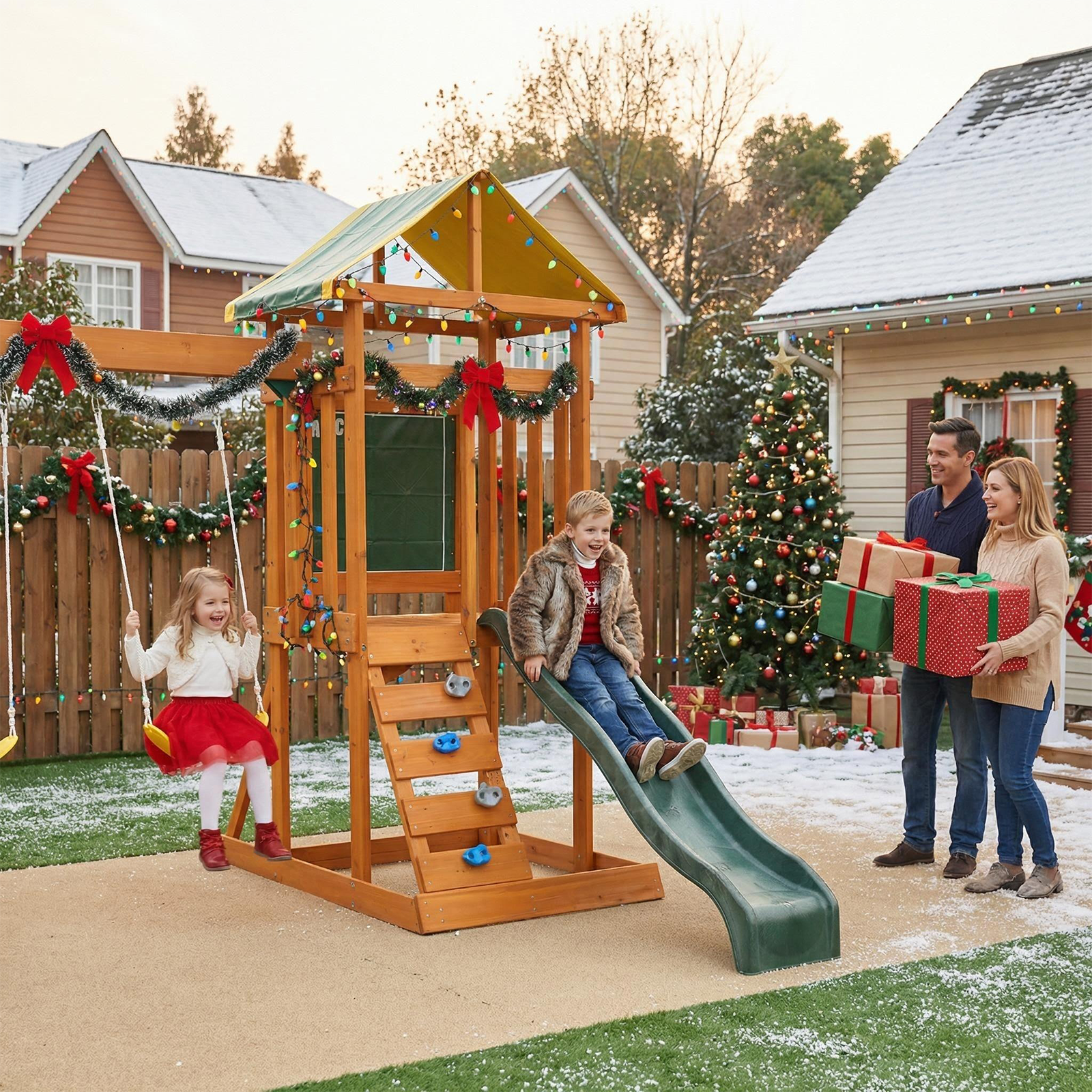 Children playing on a wooden swing set for backyard decorated for Christmas while parents hold gift boxes nearby