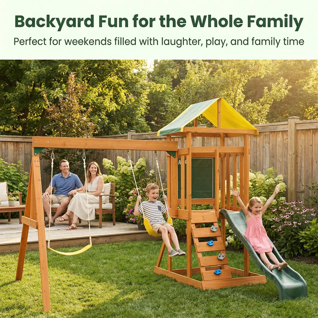 Family enjoying a wooden swing set for backyard with swings and slide during outdoor playtime