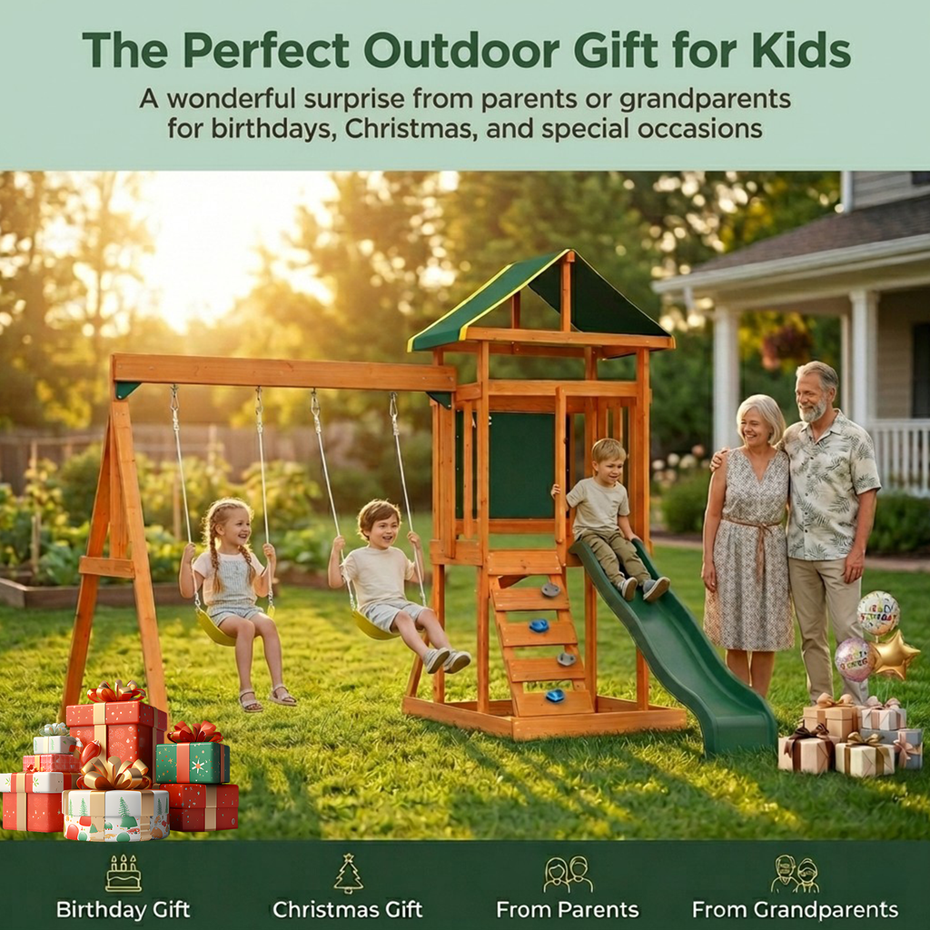 Wooden swing set for backyard shown as an outdoor gift for kids with children playing and grandparents nearby