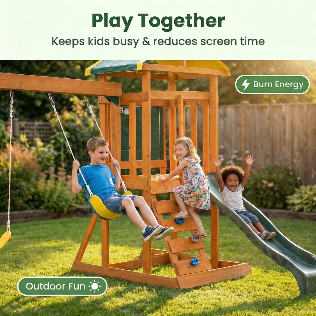 Children playing together on a wooden swing set for backyard with swing, climbing ladder, and slide