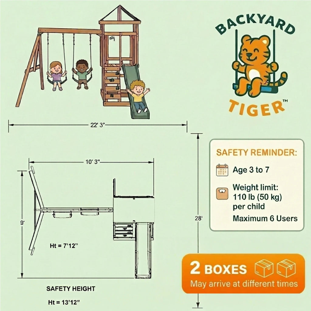 Size chart and safety zone guide for a wooden swing set for backyard showing dimensions, age range, and weight limit, Ships in 2 Boxes， may arrive at different times