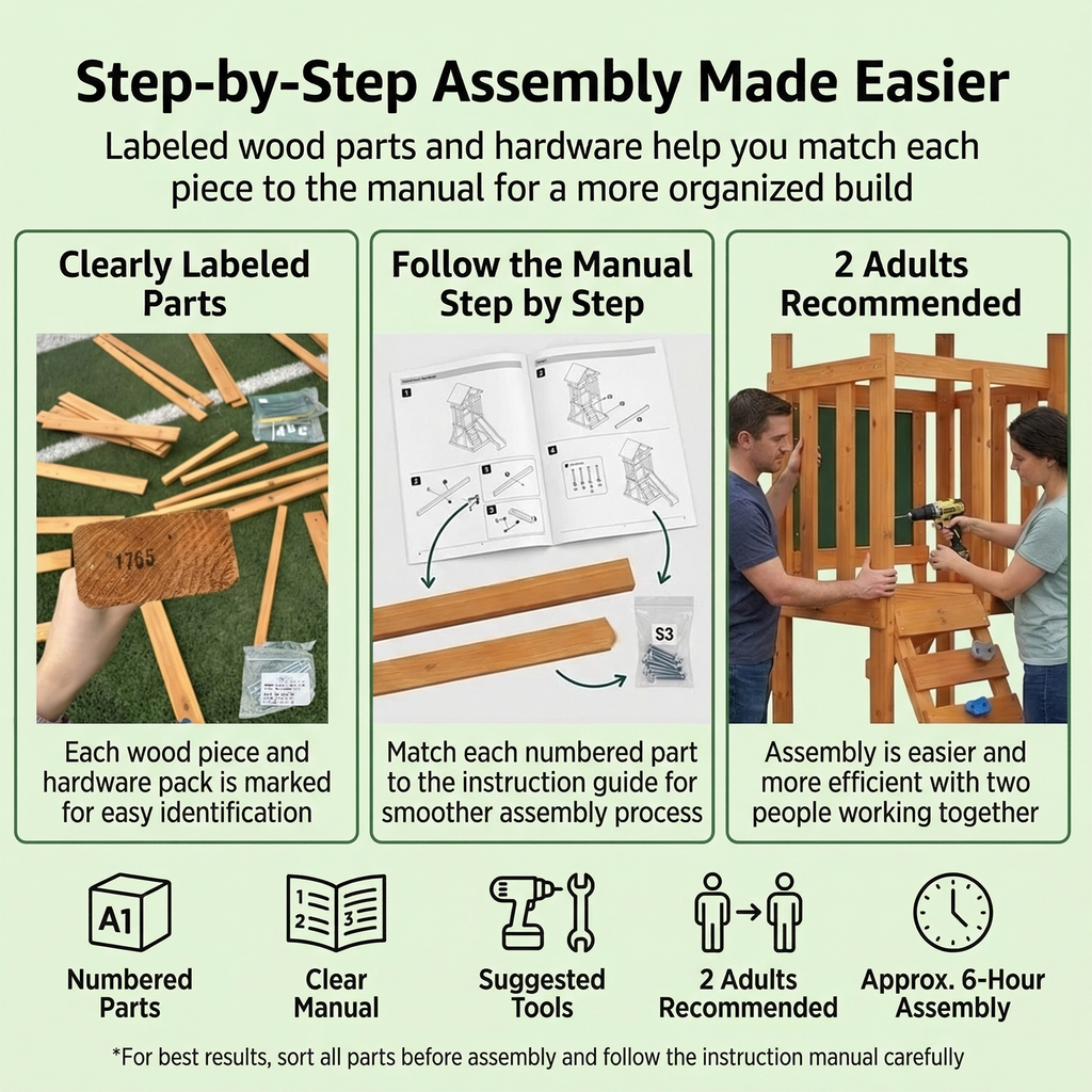 Step-by-step assembly guide for a wooden swing set for backyard showing labeled parts, manual, tools, and two-adult setup