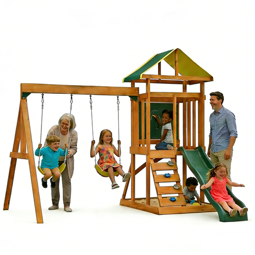 Kids playing on a wooden swing set for backyard with slide, climbing area, chalkboard, and sandbox while adults stand nearby